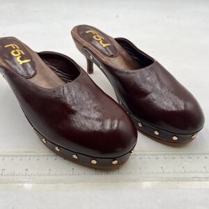 FSJ Women's Dark Brown/burgundy Studded Cloguette Mules Kitten Heel Size 10